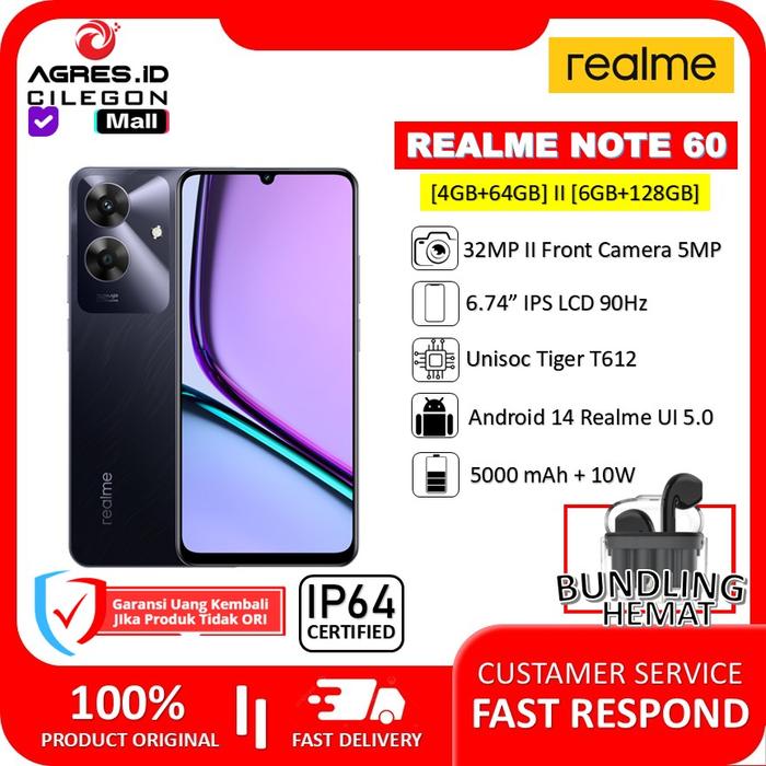 Gambar Realme Note 60 [4GB+64GB] [6GB+128GB] ip64 Dust & Water Resistance 90hz Garansi Resmi Realme Indonesia - Black, 4/64GB dari Agres ID Cilegon undefined Tokopedia