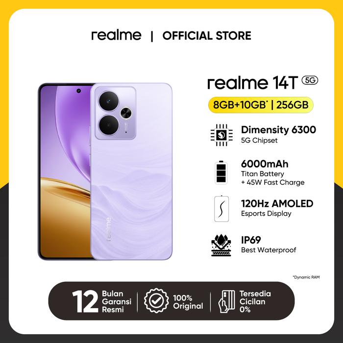 Gambar realme 14T 5G 8GB+10GB|256GB (Dimensity 6300 5G Chipset | 6000mAh Titan Battery | 45W Fast Charge | IP69 Best Waterproof | NFC) - Lightning Purple dari realme Official Indonesia undefined Tokopedia