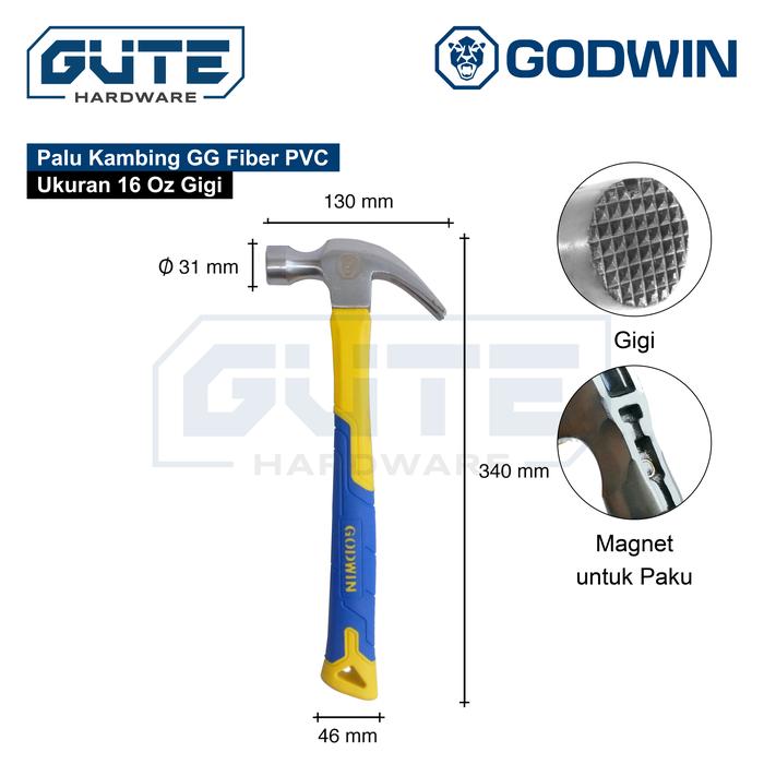 Gambar Palu Kambing Gagang Fiber / Claw Hammer Godwin Carbon Steel Asli! - GWN PVC 16 Oz Gigi dari Gute Hardware undefined Tokopedia