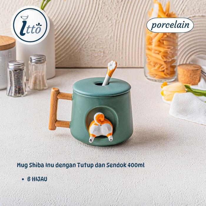 Gambar Mug Shiba Inu dengan Tutup dan Sendok 400ml Porcelain Keramik - Hijau B dari Tokoitto.id undefined Tokopedia