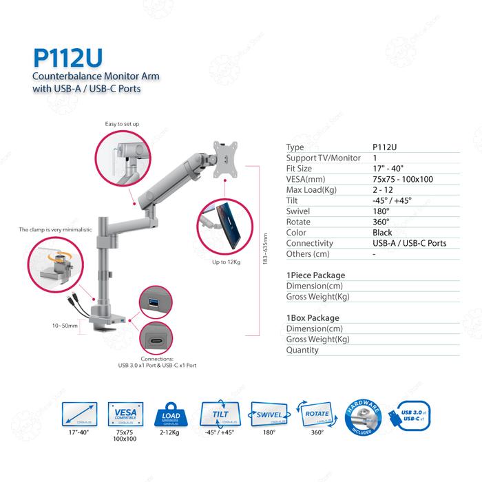 Gambar Bracket Single dan Dual Monitor 17" - 40" Oximus P112U dan P212U Grey / Abu Heavy Duty Mechanical Spring Monitor Arm with USB-Port Topside instalation no more crawling under desk - P112U Abu dari Oxihom Kota Administrasi Jakarta Utara Tokopedia
