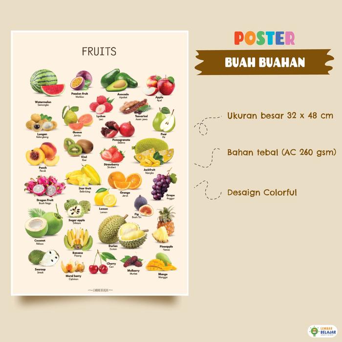 Gambar Lembar Belajar Poster Edukasi Mengenal Buah dan Sayur Seri Aesthetic Gambar Asli - Buah-Buahan, Tanpa Laminasi dari Lembar Belajar undefined Tokopedia