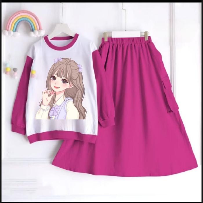 Gambar Setelan Rok Anak Perempuan Gadis Cantik Bahan Cringke untuk Usia 3-12 Tahun - Fashion Anak - pink fanta, 9-10 tahun dari HALWA shopstore undefined Tokopedia