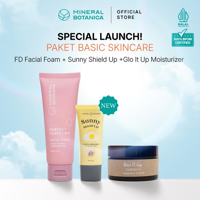 Gambar [COMPLETE SKINCARE SET] Mineral Botanica Sunny Shield Up Sunscreen SPF 50+ PA+++ & Glo It Up CoQ10 Moisturizer Cream & Perfect Purifying/First Defense Facial Foam - SS+Moist+PP Foam dari Mineral Botanica undefined Tokopedia