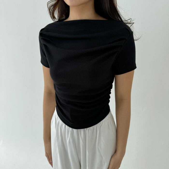 Gambar SEPTEMBER TOP | Atasan Knit Wanita Korean Top Baju Knit Wanita Lengan Pendek Basic Short Sleeve - Black dari Orlo.id undefined Tokopedia