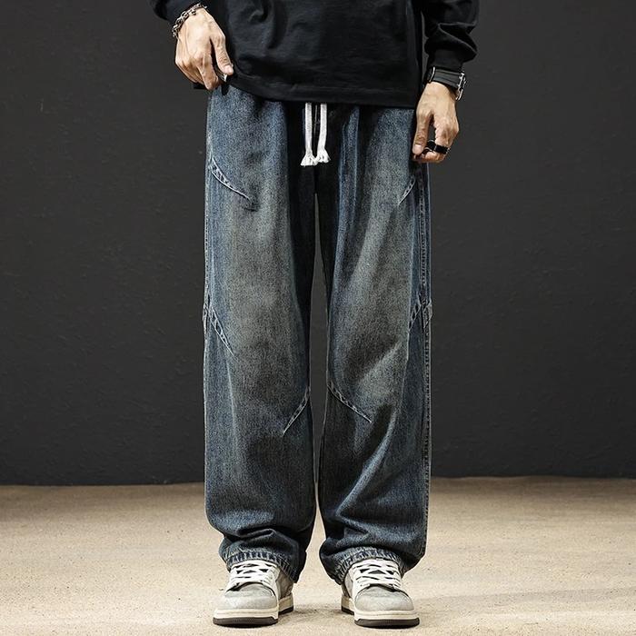 Gambar Tamp-X Oversize Baggy Celana Jeans Pria Gombrong Skena Dekonstruksi Denim Jumbo Korean Style Kulot Straight Blue Vintage Jeans Pinggang Karet - Vintage Blue, S dari Tamp-X.id undefined Tokopedia