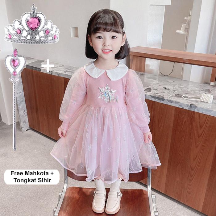 Gambar LNR Shop FREE MAHKOTA + TONGKAT SIHIR Gaun Dress Anak Perempuan Motif Frozen Dengan Kerah Lengan Panjang Rok Tutu Dua Layer Birthday Party Gaun Pesta Ulang Tahun Princess Bahan Cotton Halus Dress Natal Lebaran Hari Raya Idul Fitri Imlek - Gaun 006-Pink, 100 dari LNR Shop_NEW undefined Tokopedia