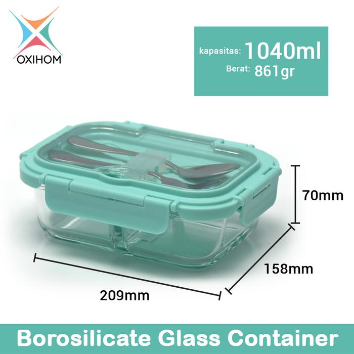 Gambar Oxihom Kotak Tempat Makan Kaca Glass Food Container Sendok Garpu GM Nasi Lauk Stainless Steel Kitchenware - GM1042 BIru 1040 mL dari Oxihom undefined Tokopedia