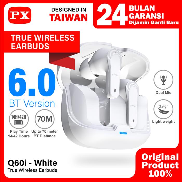 Gambar Headset TWS Earphone BT 6.0 Headphone Earbuds True Wireless Long Battery 42H Low Latency PX Q60i - Black - White dari PX Official Store undefined Tokopedia