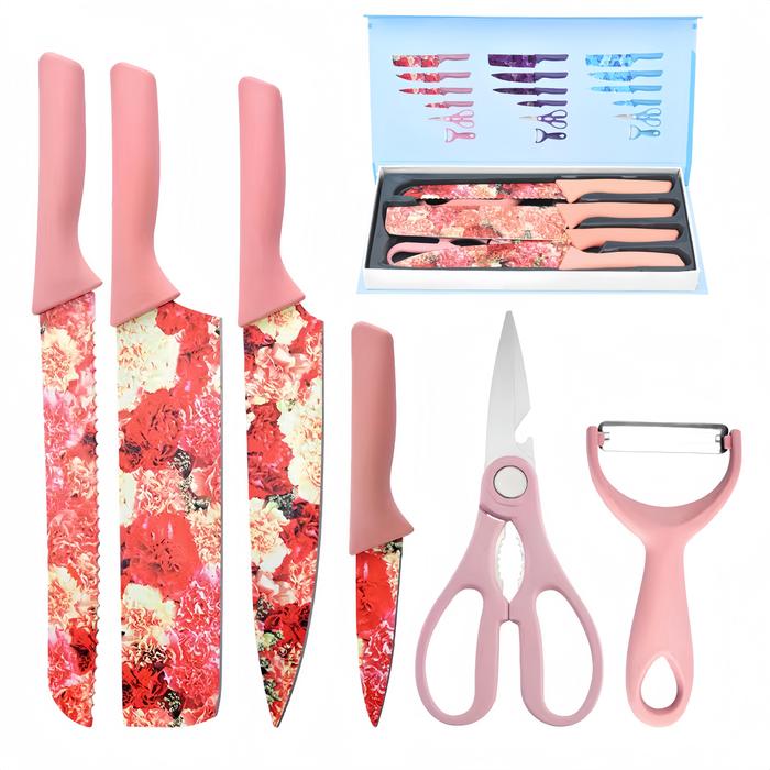 Gambar Pisau set lengkap / Pisau Dapur Set 6 in 1 Bahan Stainless Steel / Great Ceramic Knife Set pisau corak/Flower Kitchen Knife Set 6 Pcs Premium Kitchenware - PINK dari PPlus-lighting undefined Tokopedia