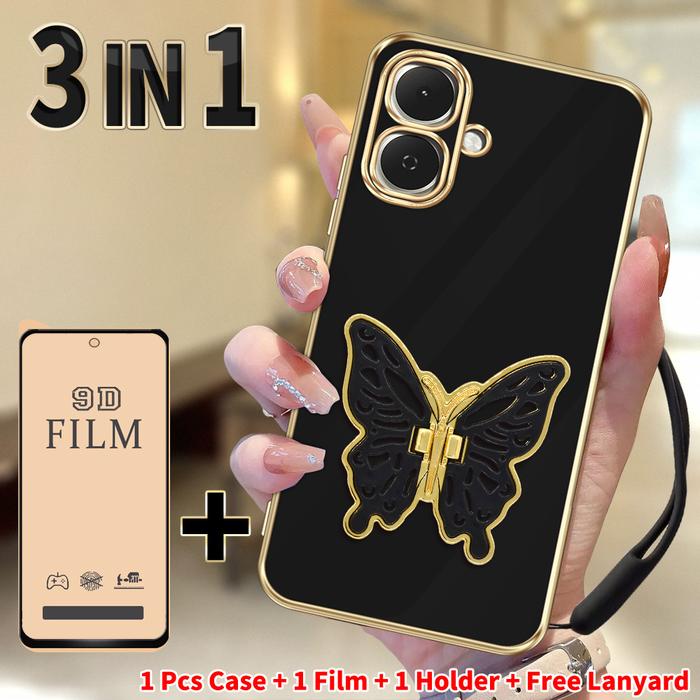 Gambar 3 in 1 Casing untuk Tecno Spark Go 2 KM4 Case Anti Gores Softcase dengan Film Keramik dan Stand Kupu Emas Lipat dan Tali Silikon Warna Sama - Harga terjangkau hybrid all tiktok Electroplating coquette Ponsel laris pelindung layar softsilicone - Hitam(JD3dalam1a), Tecno Spark Go 2 dari Geng Case Hype undefined Tokopedia