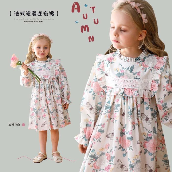 Jual Dudu cream-Dress anak Premium dress babydoll anak gaun anak Vintage Premium Dress Autumn Anak motif Bunga - Butterfly flowers, 140 - Kota Tangerang - Mommyhoky