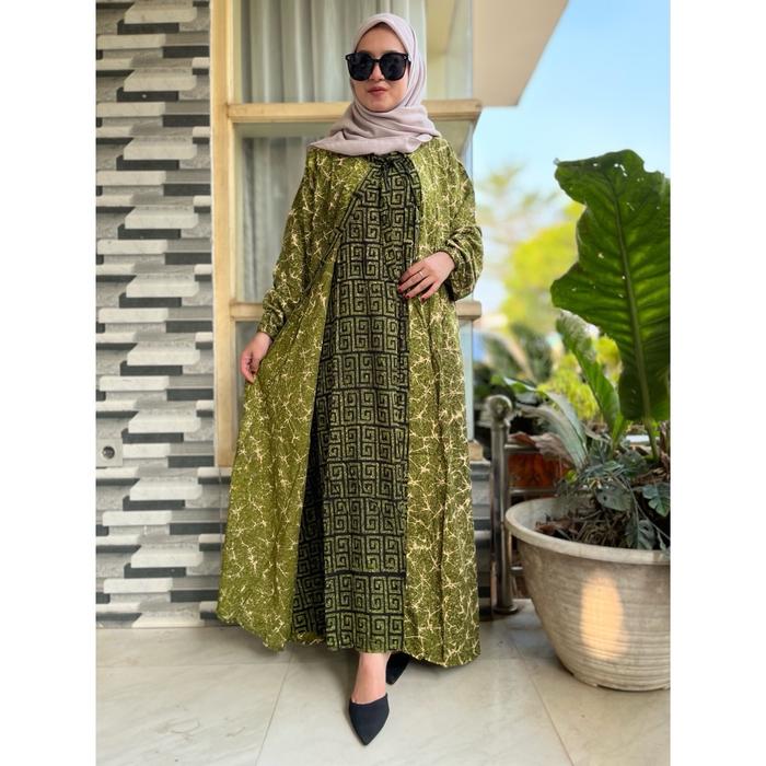 Gambar Baju Gamis Muslim Wanita kekinian Bahan Rayon Premium Model Marina Rompi Panjang Nyaman Motif Batik Cap Asli Pekalongan Dress Mewah - Hijau dari Daster batik premium undefined Tokopedia