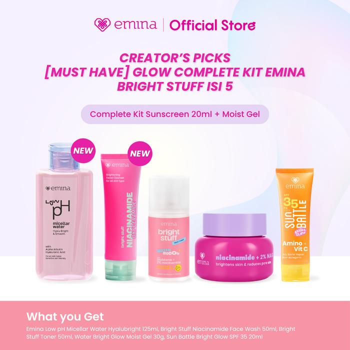 Gambar [Creator's PIck] [MUST HAVE] GLOW COMPLETE KIT EMINA BRIGHT STUFF ISI 5 (Micellar Water, Face Wash, Toner, Serum, Moisturizing Cream) Paket Lengkap Cerah Lembap Glowing - Complete+SS20ml dari eminacosmetics undefined Tokopedia