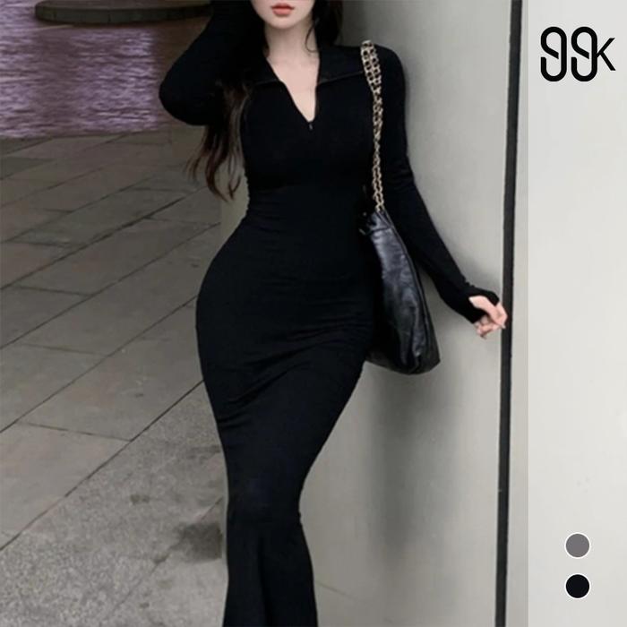 Gambar Maxi Dress Fishtail Long Sleeve Plain Half Zip 1793 (S/M/L/XL) - Black, S dari 99koutlet undefined Tokopedia