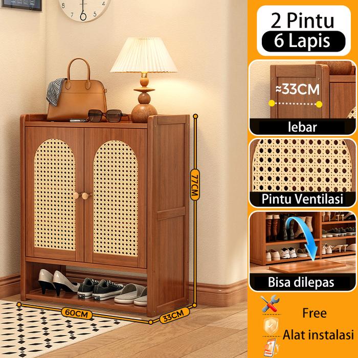 Gambar LOVE. Lemari sepatu flip door rotan 4 pintu tujuh lapis, Lemari sepatu lengkung,coklat lemari  kontainer lemari tas Large capacity shoe storage cabinet Bambu Furniture rak sepatu tertutup anti debu - 6L-60**32*80CM dari LOVELY HOME1 undefined Tokopedia