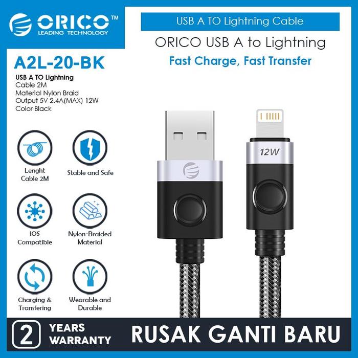 Gambar ORICO USB 2.0 A to Lightning Fast Charge Data Cable 12W 2m - A2L-20 - 2m  dari ORICO INDONESIA Official Shop Kota Administrasi Jakarta Utara Tokopedia