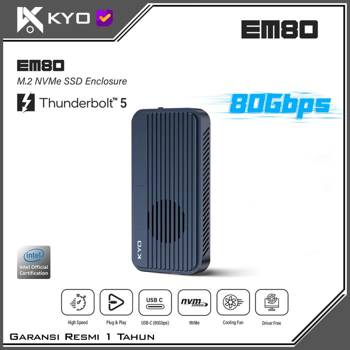 Gambar KYO EM80 80Gbps M.2 NVMe SSD Enclosure Supports Up to 8TB Intelligent Temperature Control & Fan Cooling Compatible with Thunderbolt 3/4/5/USB4, Backward Compatible with USB 3.2/3.1/3.0 dari KYO Indonesia_NEW undefined Tokopedia