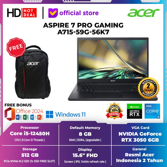 Gambar ACER ASPIRE 7 PRO GAMING A715-59G-56K7 BLACK INTEL CORE i5-12450H 8GB 512GB RTX 3050 6GB WIN 11 HOME + OFFICE HOME 2024 - NON BUNDLE, TETAP 8GB dari HotdealComp Surabaya undefined Tokopedia