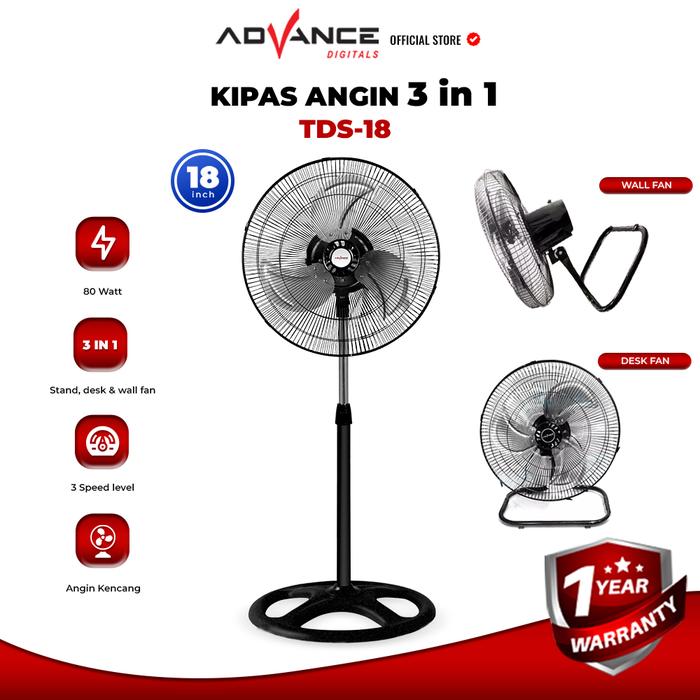 Gambar Kipas Angin Advance TDS-18 Kipas Angin 3in1 Multifungsi / kipas angin Stand/Desk/Wall 18 inch Garansi 1 Tahun - SILVER dari Advance Digitals Store1 undefined Tokopedia