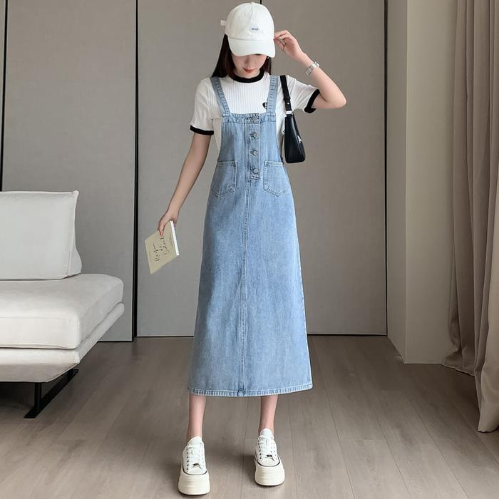 Gambar Dress Kodok Jeans Wanita Kekinian Korean Style Overall Denim Rok Tali Panjang Casual Cewek Remaja Simple Biru Muda Bahan Lembut Adem Longgar Loose Fit Adjustable Tali Bahu Size S-5XL Pendek Fit - biru muda, XL dari Fashion.Jeans undefined Tokopedia