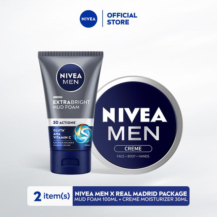 Gambar NIVEA MEN X Real Madrid Package - Extra Bright Mud Foam Face Wash & Creme | Mud Foam 100ml + Creme Moisturizer 30ml dari NIVEA Official Store undefined Tokopedia