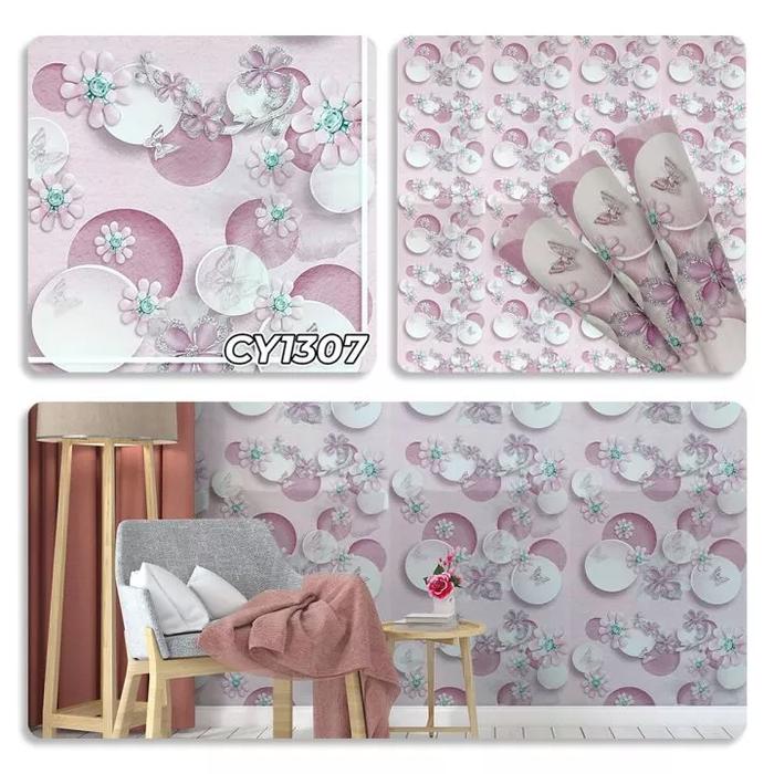 Gambar Walpaper dinding Aesthetic Murah 45cm x 8m motif Bunga Kombinasi Polkadot / pink / biru / hijau CY - CY1307 dari Home Living Bandung undefined Tokopedia