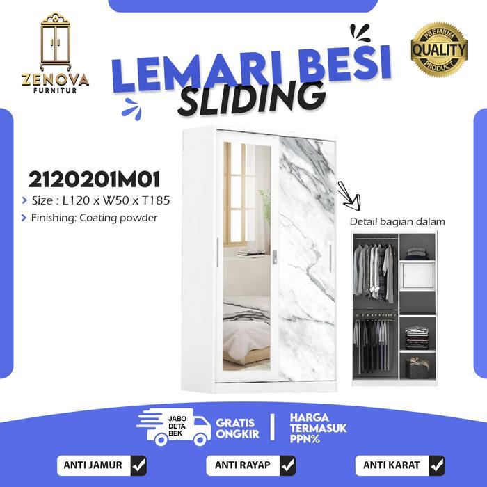 Gambar PREMIUM Zenova Lemari Kamar Tidur Besi Sliding 2 Pintu 120cm - Pintu Geser + Cermin Panjang & Gantungan - M01 dari Hussein Mamba Double undefined Tokopedia