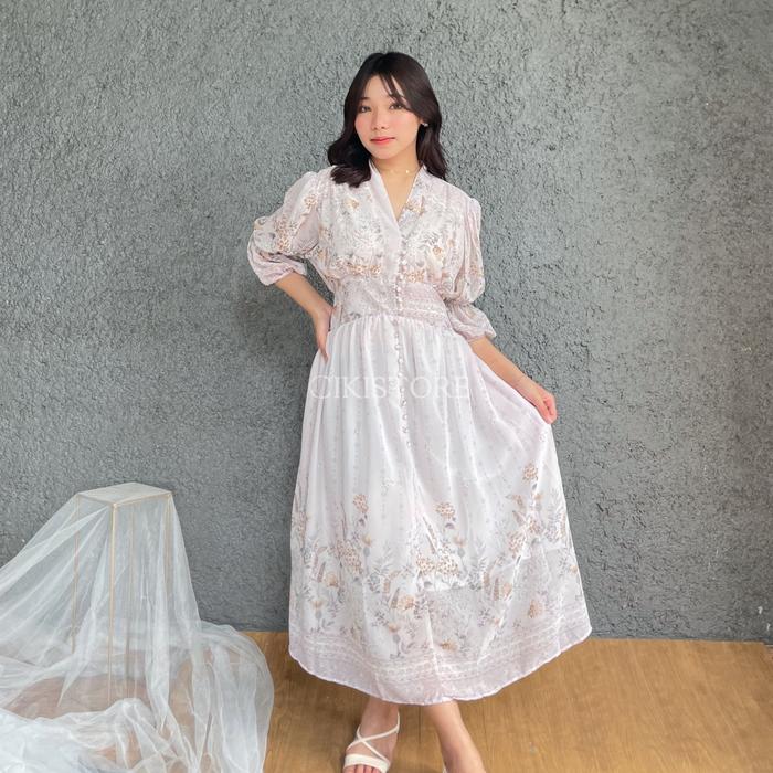 green emerald velvet dress Korean Style] Off-white Blue Flowy Chiffon Short Dress – Ordicle main image 1