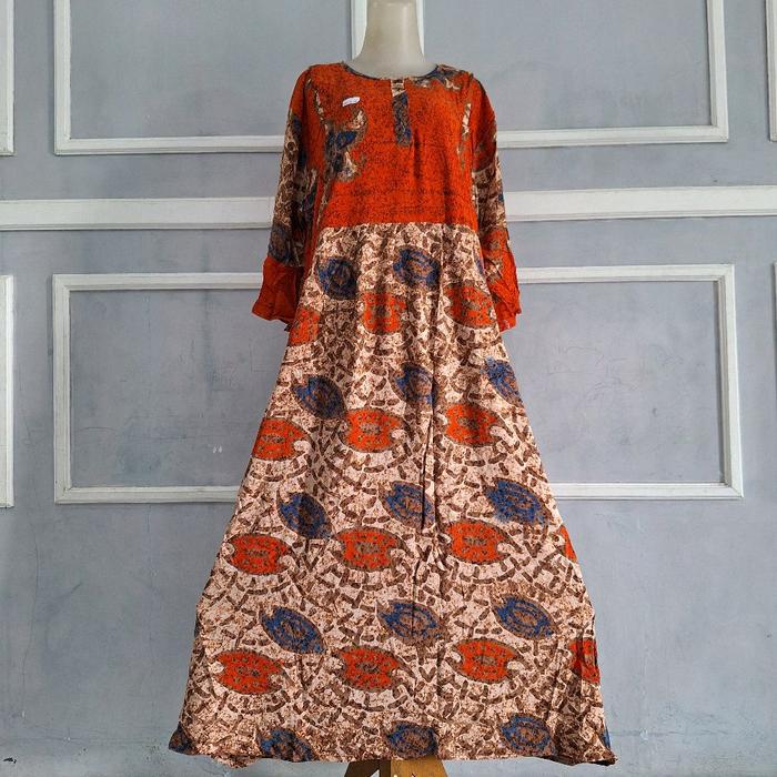Gambar Sekdress/Daster panjang jumbo Model Maura tgn 7/8 Batik Cap pekalongan ( baju tidur ) Busui friendly - C orange dari Azmyabatik undefined Tokopedia