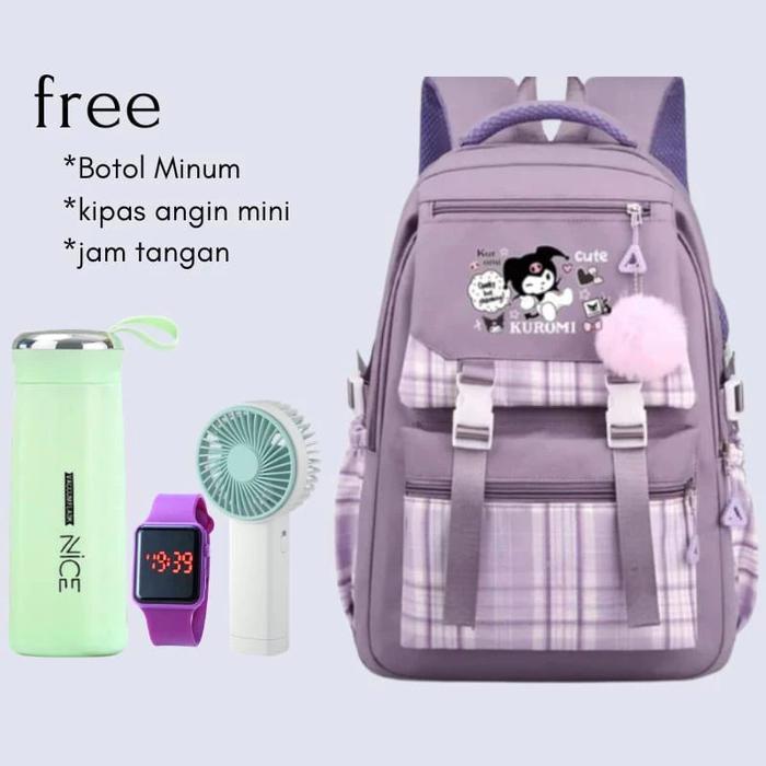 Gambar Tas Ransel Sekolah Anak Perempuan KUROMI Bags PAKETAN FREE 4pcs BOTOL JAM TANGAN LED KIPAS TANGAN GANTUNGAN Tas Sanrio Korean Style Fashion Ransel Anak Karakter Tas Cinnamoroll Tas Kuromi Melody Tas Sekolah Anak Perempuan SD SMP SMA Kuliah Remaja Motif - Grape Violet dari Da beig undefined Tokopedia