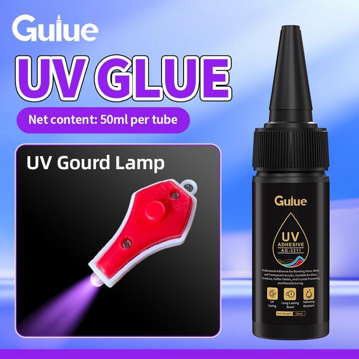 Gambar Gulue Lem UV Adhesive AG-3311 50ml Cepat Kering dengan Sinar UV Bening Tahan Air Anti Kuning untuk Kaca Akrilik Plastik dan Kristal Transparan - Lampu+Baterai 50g dari guluglueofficial-1 Kab. Tangerang Tokopedia