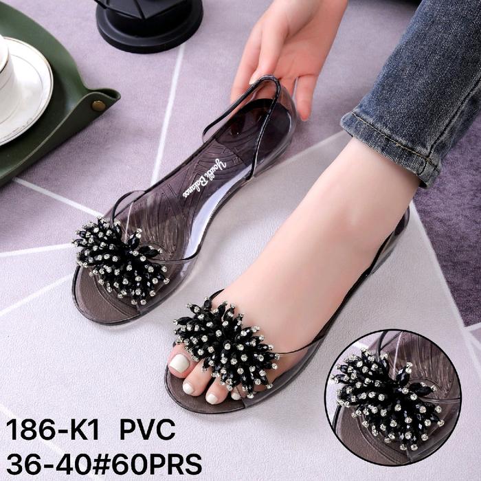 Gambar Sandal Flatshoes Karet Jelly Import Jelly Bening Lentur Elastis Motif Batu Mutiara 186-K1 - Hitam, 36 dari KWAN'S COLLECTION undefined Tokopedia