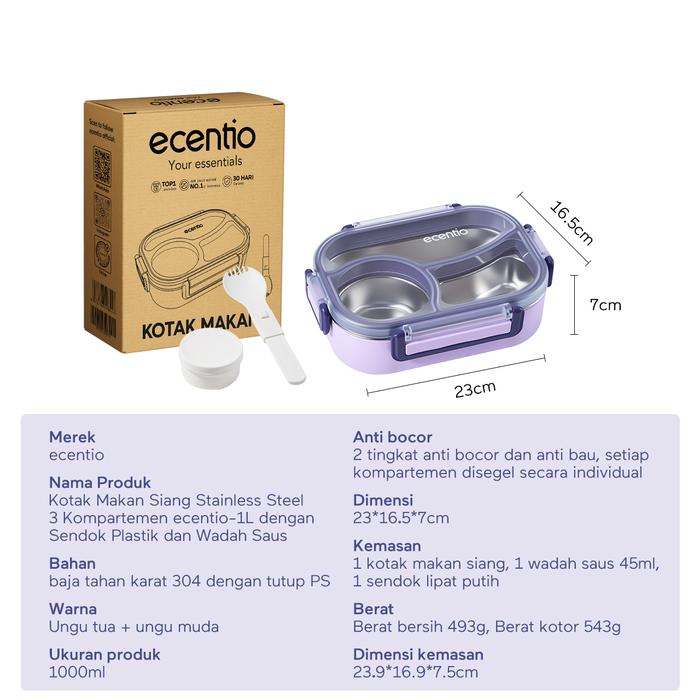 Gambar ecentio Kotak Makan Bento Anti Bocor Stainless 3 Sekat Bisa Panas Dingin untuk Bekal Sekolah & Kantor - ungu 1000ml dari ecentio.indonesia undefined Tokopedia