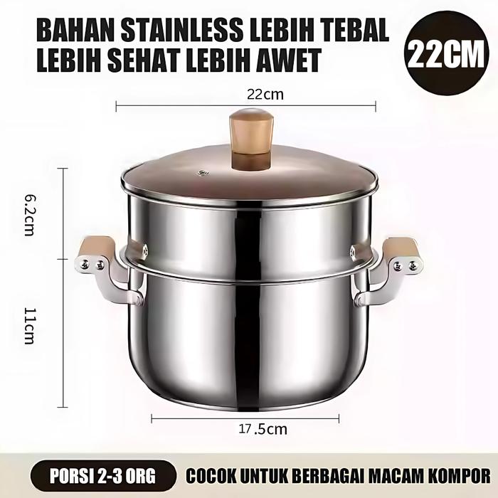 Gambar [11.11 SALE] ESCOOK Panci Soup Panci Susu Dengan Kukusan Stainless Steel Anti Karat Panci Serbaguna Alat Masak Dapur Kitchenware - Soup 22 B+Kukus dari ES Cookware Official undefined Tokopedia