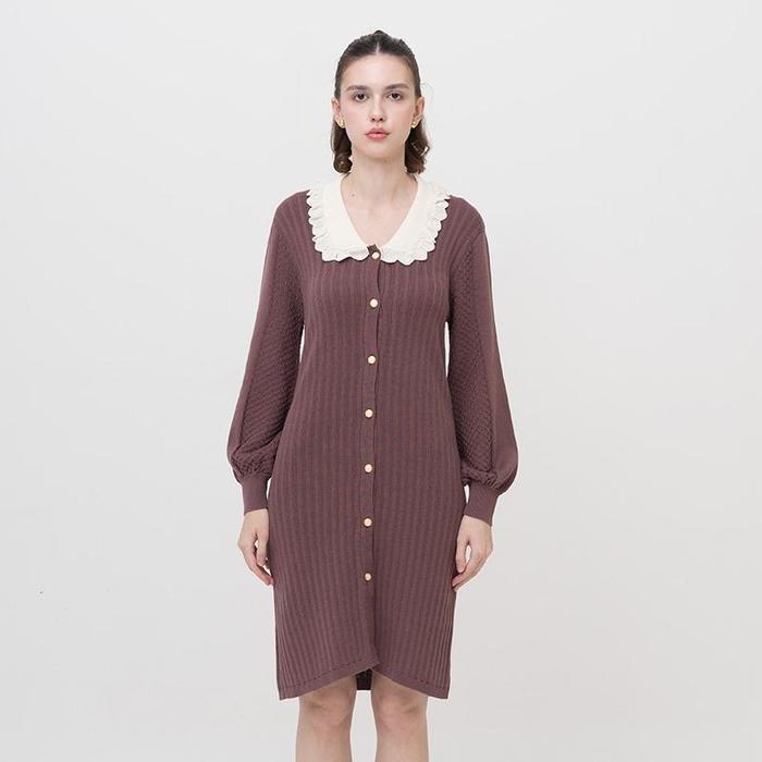 Gambar ONYCHA - Lace-Knit Collared Rib-Knit Dress In Dark Mauve - All Size dari Onycha Kota Bandung Tokopedia