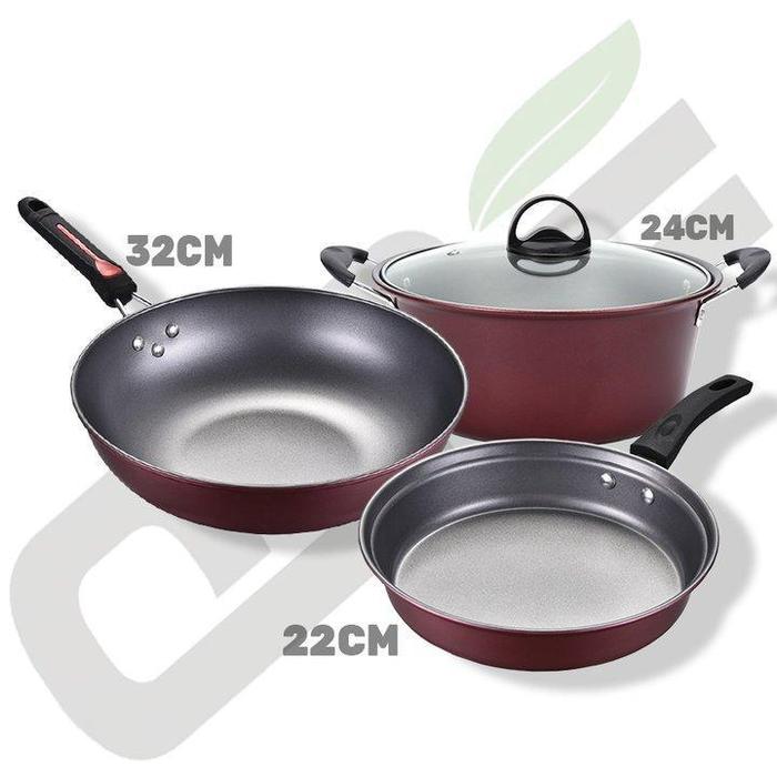 Gambar QME- Panci Wajan Teflon Set / Panci Teflon Penggorengan Set 3 Pcs / Pans Pots /  QM-2432 Aluminium Baja Dapur Masak Peralatan Stainless Kitchenware - panci set anti lengket32CM  dari QME INDONESIA undefined Tokopedia