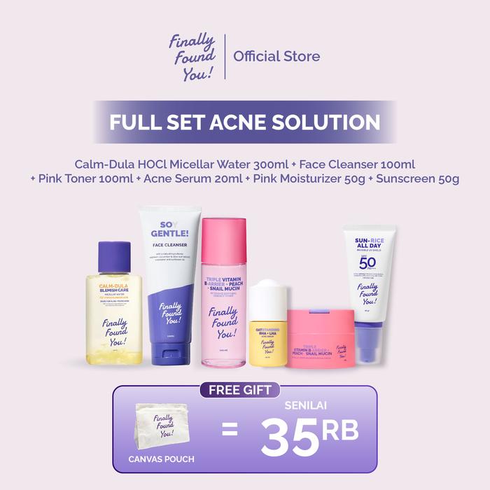 Gambar [PREORDER] Finally Found You! Full Set Acne Solution Kit 6in1 : (HOCL Micellar water 100mL + Soy Cleanser 100mL + Rice Toner 100mL + Acne Serum 20mL + Snail Moisturizer 50gr + Rice Sunscreen 50gr) dari Finally Found You undefined Tokopedia