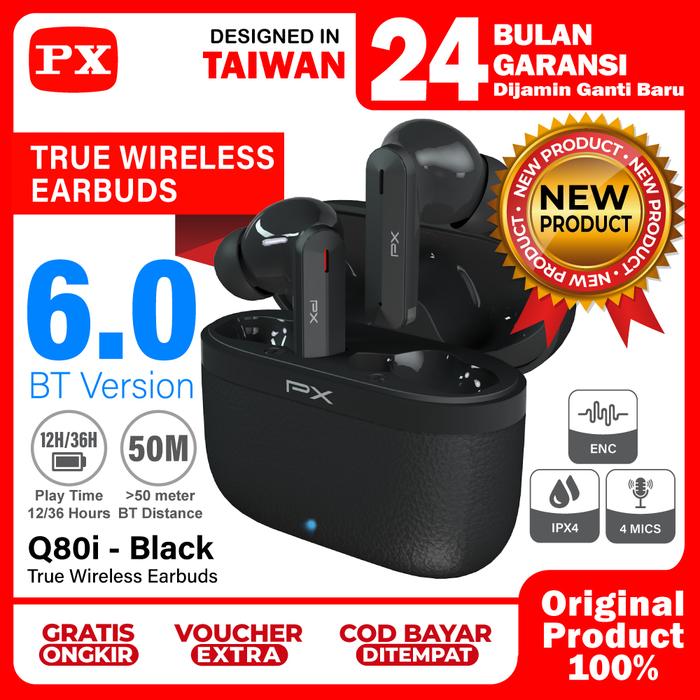Gambar Headset TWS Earphone BT 6.0 Earbuds Headphone True Wireless ENC 4 Mics IPX4 Long Battery 36H Low Latency PX Q80i - Black - Black dari PX Official Store undefined Tokopedia