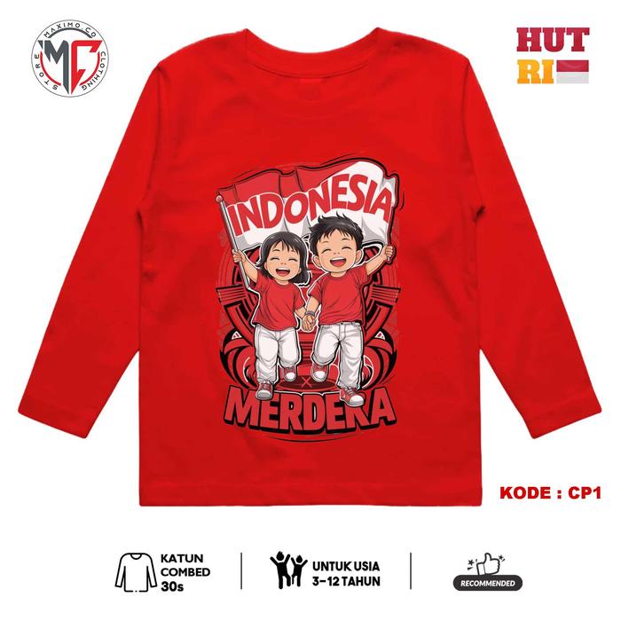 Gambar MAXIMO.CO Kaos Anak Laki-laki & Perempuan Tema Kemerdekaan RI Agustusan Lengan panjang merah usia 3-12 tahun bahan katun combed - RED CP1, M (3-4 tahun) BB : 10-15 kg dari Maximo Clothing Store undefined Tokopedia