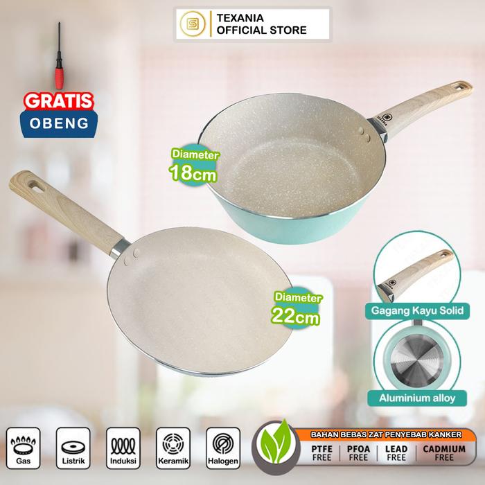 Gambar [GMA] TEXANIA Set Panci Mie Biru Alumunium Anti Lengket 18cm - Frypan Biru Alumunium Anti Lengket 22cm Gagang Motif Kayu Lembut Stainless Bottom Free Obeng Kitchenware dari Texania house ware store undefined Tokopedia