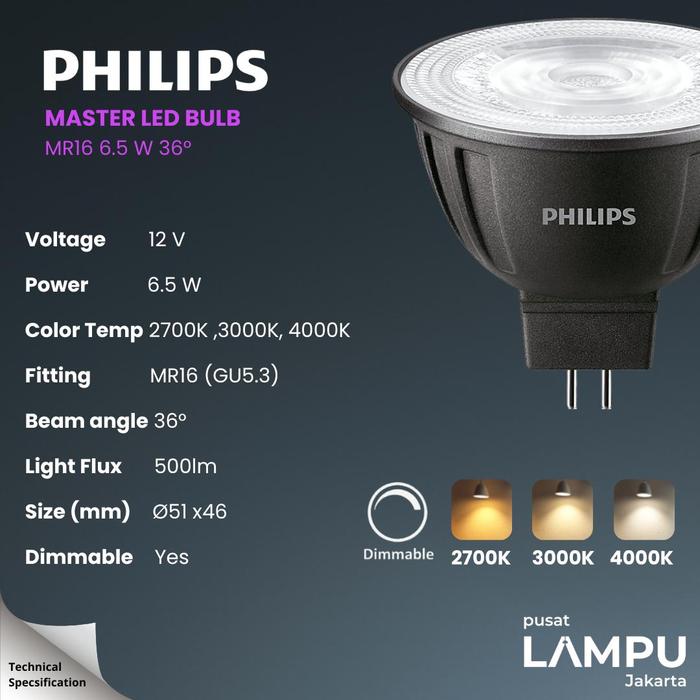 Gambar PHILIPS MASTER LED MR16 12V 6.5Watt 10Deg 24Deg 36Deg 12Volt 6.5Watt - 4000K, 36Deg dari Pusat Lampu Jakarta undefined Tokopedia