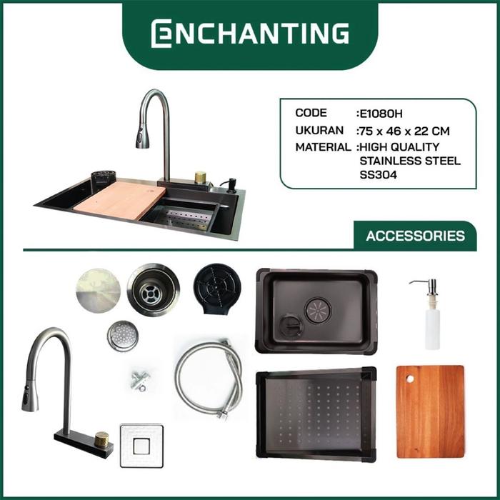 Gambar ENCHANTING Smart Kitchen Sink Stainless Steel SS 304 1 Bowl Black 75x46 | Bak Wastafel Cuci Piring Dapur Tebal Paket Komplit Hitam Topmount Washtafel SUS304 Single Bowl Top Mount Modern Minimalist 7545 Under Mount Minimalis Europe Enchanting E1080 - E1080 dari Enchanting Official Shop undefined Tokopedia