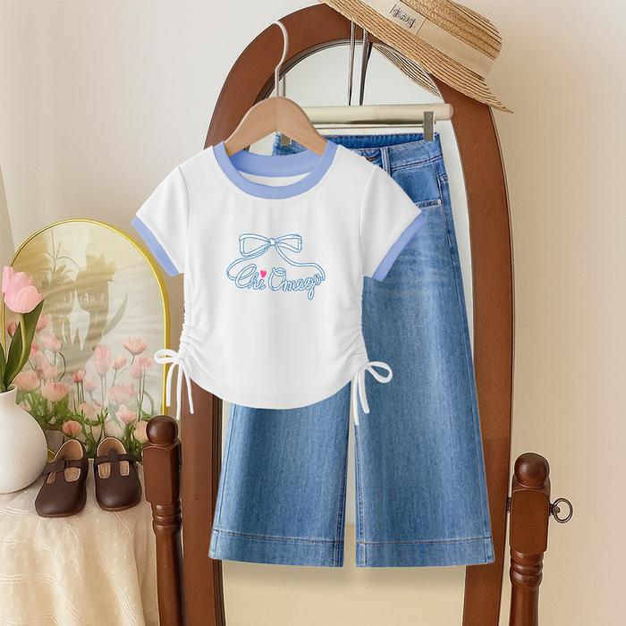 Gambar Setelan Kaos Crop Anak Perempuan Celana Jeans Kulot Anak Cewek Usia 1 2 3 4 5 6 7 8 9 10 11 12 Tahun - Putih Biru - Denim Muda, S = 1 - 2 Tahun dari Vainest Kidswear undefined Tokopedia