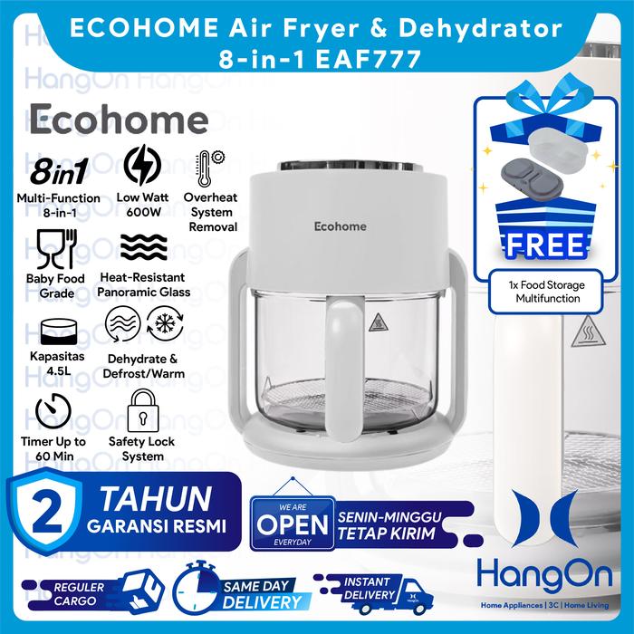 Gambar ECOHOME EAF777 Air Fryer & Dehydrator 8-in-1 4.5L Capacity with Panoramic Glass 360° View 600W Dehydrate / Defrost / Warm EAF-777 - Pure White dari HangOn Official Store undefined Tokopedia