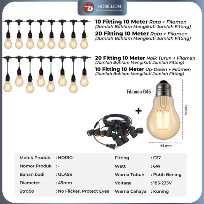 Gambar KABEL FITTING LAMPU GANTUNG E27 10 METER 20 FITTING OUTDOOR WATERPROOF FITING DEKORASI HIASAN TAMAN CAFE - G45, 10METER+10FITTING RATA dari Horici.idn undefined Tokopedia