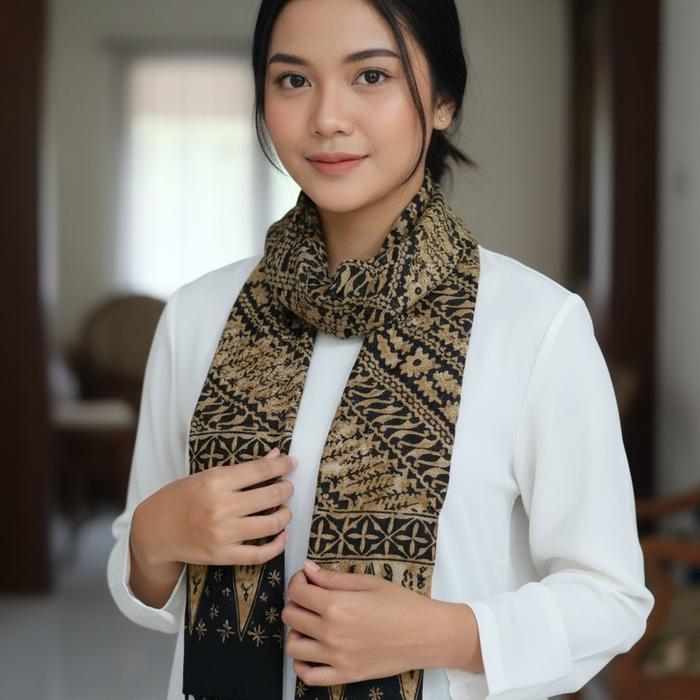 Gambar Syal Pashmina Batik Cap/ Selendang Wanita Santung/ Scarf Parang Kuning - A dari Nuken Batik undefined Tokopedia