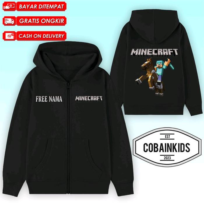 Gambar ( BISA COD ) Jaket Hoodie Anak Minecraft Pocket Edition / Jaket Resleting anak Karakter Steve Minecraft Unisex Fashion Usia 3-12 Tahun  -  Tersedia Nama Gratis dan Harga Terjangkau! - HITAM, M 3-6 TAHUN dari Cobiankids undefined Tokopedia