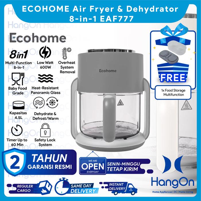 Gambar ECOHOME EAF777 Air Fryer & Dehydrator 8-in-1 4.5L Capacity with Panoramic Glass 360° View 600W Dehydrate / Defrost / Warm EAF-777 - Moonstone Grey dari HangOn Official Store undefined Tokopedia