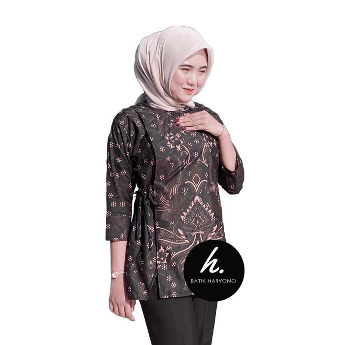 Gambar BATIK HARYONO Baju Wanita Blus Seragam Kondangan Kerja Lengan 3/4 Pinggang Tali - Coklat, M dari Batik Haryono Store undefined Tokopedia